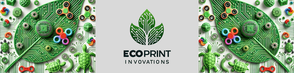 Eco Print Innovations banner showcasing a variety of 3D printed products including fidget spinners, toys, and a turtle on a green circuit board background.