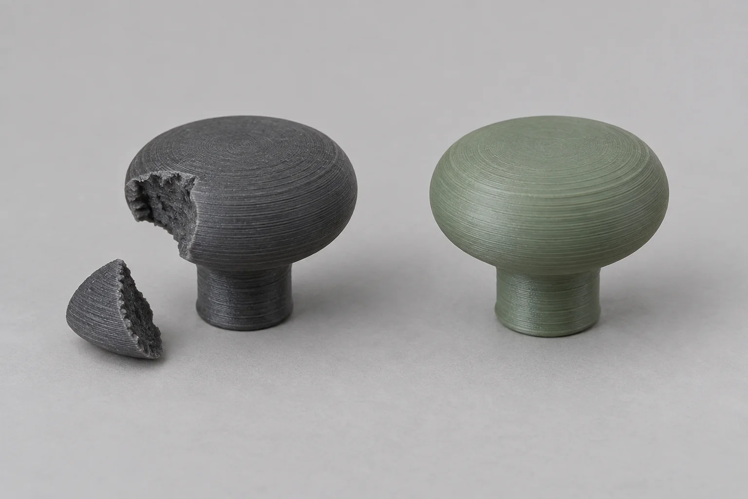 Illustrative broken drawer knob beside a complete replacement